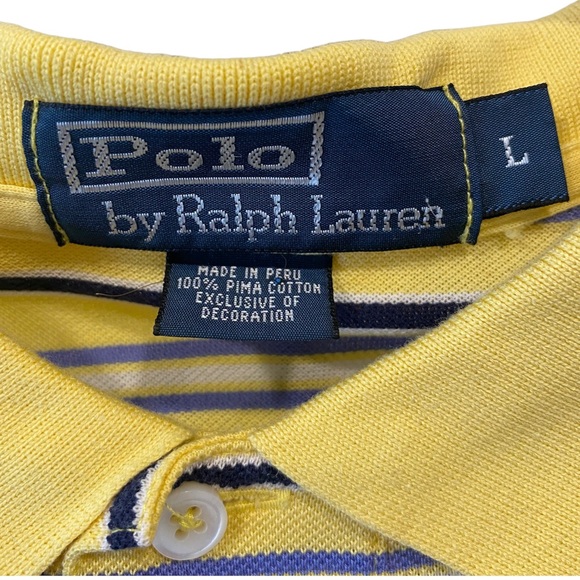 POLO RALPH LAUREN Men’s Shirt Yellow Blue Striped PIMA COTTON Short Sleeve LARGE - Picture 5 of 5